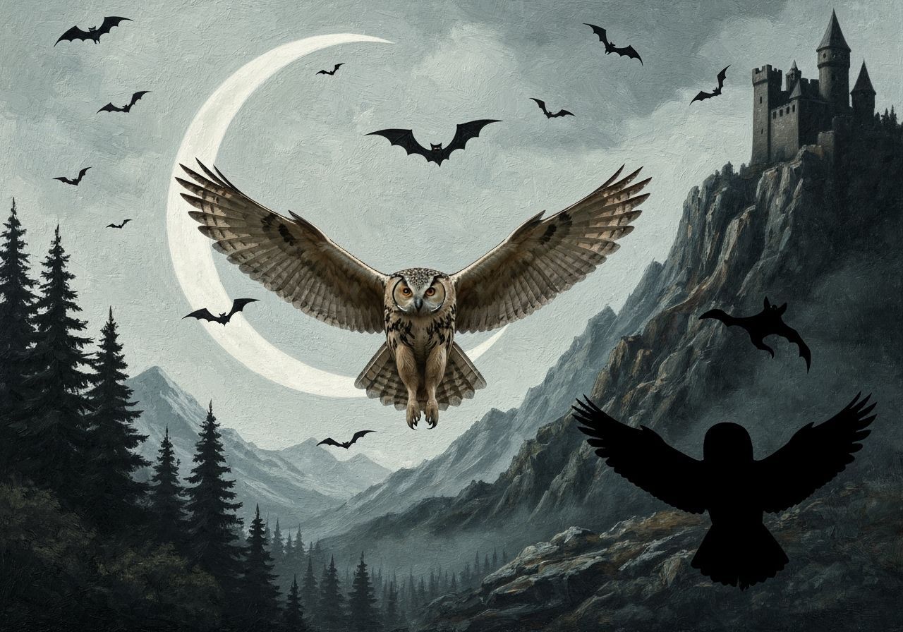 Ghostly Owl Flies Before Crescent Moon in Dramatic Impasto P...
