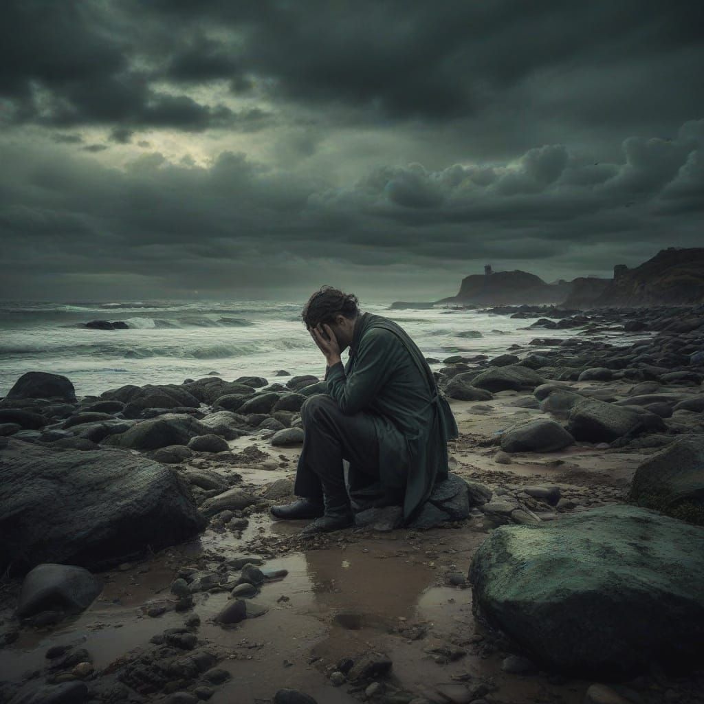 Surrealist Figure on Rocky Beach in Dark, Moody Atmosphere
