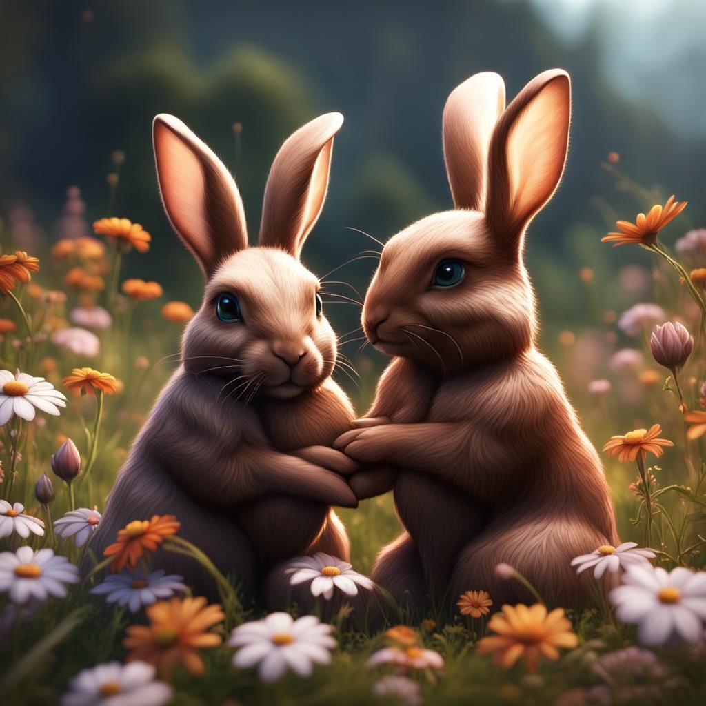Brown Bunnies Cuddling in a Flower Meadow