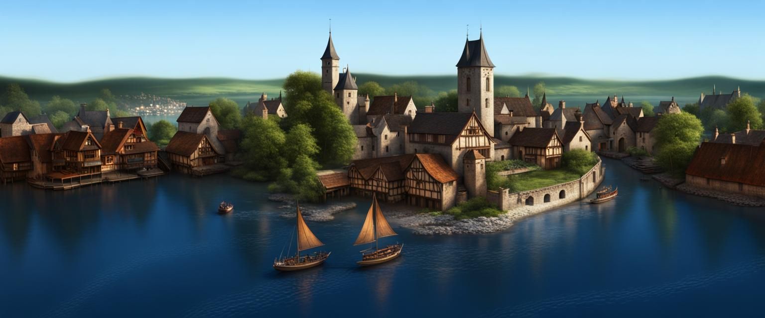 Medieval River Town with Ferry: Digital Matte Painting