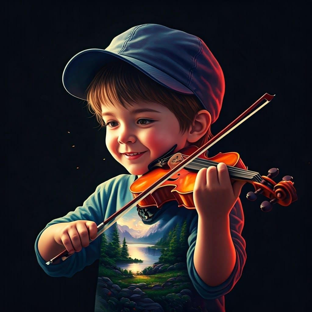 Boy's Silhouette with Landscape Violin, Anime Style