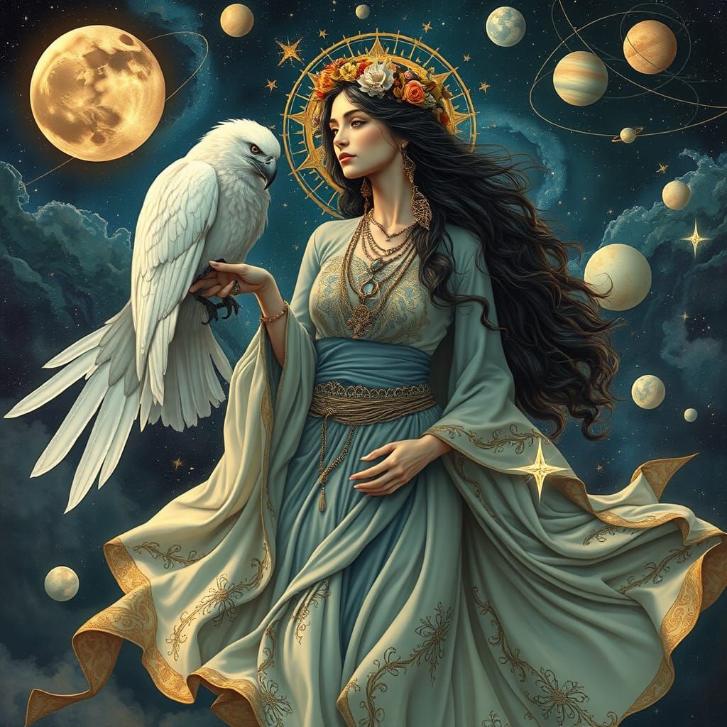 Celestial Bohemian Goddess with Majestic White Crow