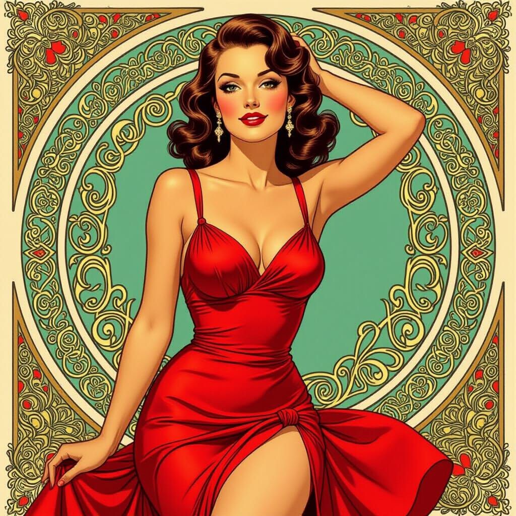 Vintage Pin-Up Girl in Art Nouveau Style