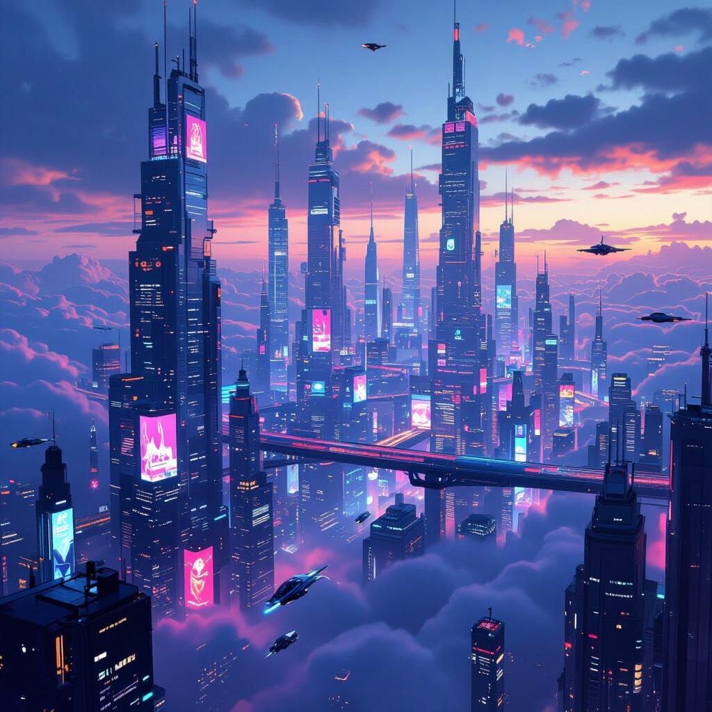 Futuristic Metropolis at Twilight in Neon Glow