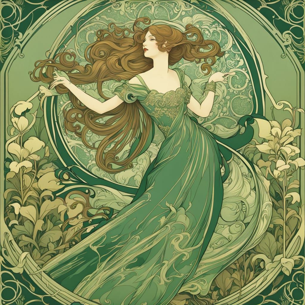 Elegant Art Nouveau Lady Laughs as Mischief Monkey Steals He...