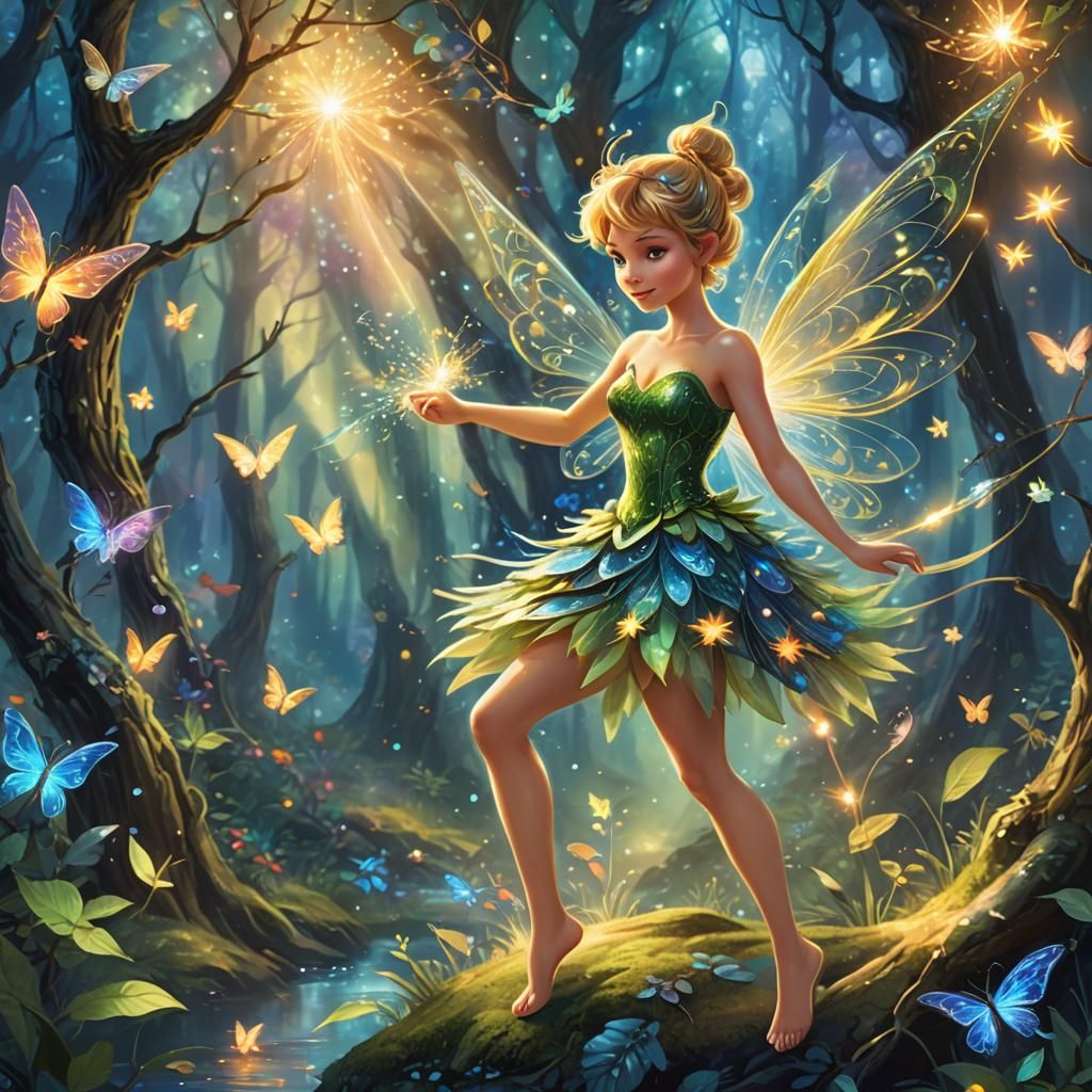 Tinkerbell in Whimsical Forest: Art Nouveau Style