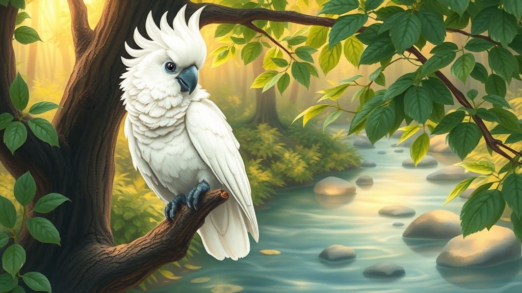 Adorable White Cockatoo in Serene Forest