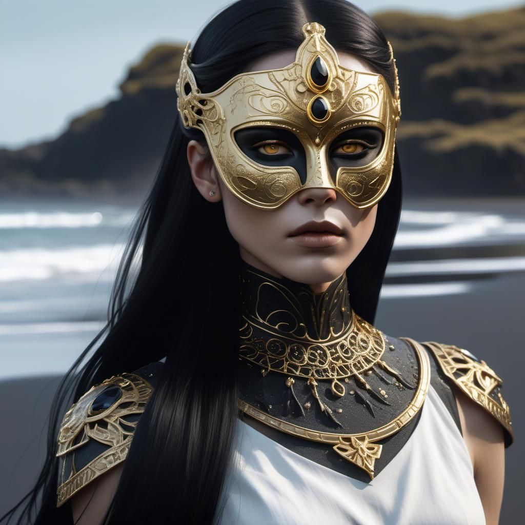 Androgynous Beauty with Golden Eyes on Black Beach