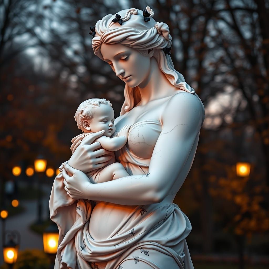 Baroque Marble Sculpture of a Mother and Child Amidst Autumn...