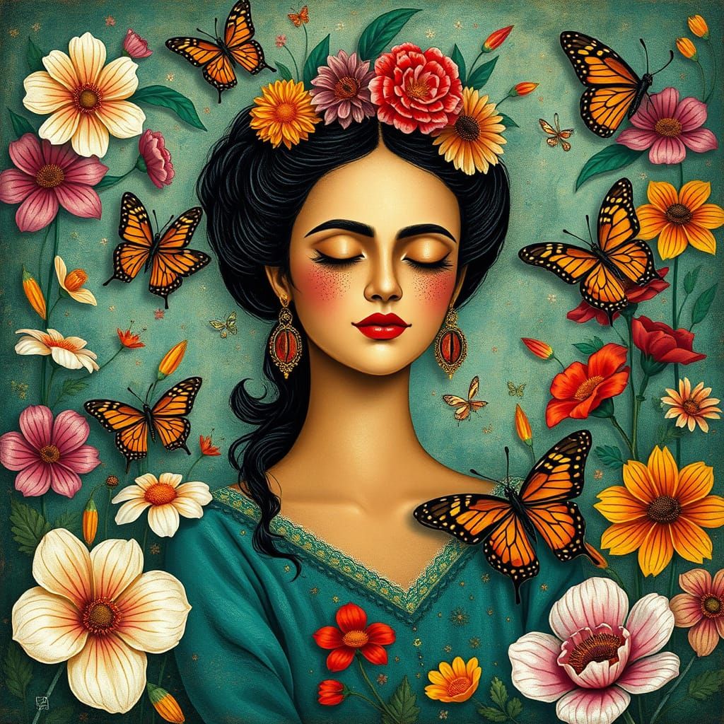 Whimsical Garden: Woman Surrounded by Floristry and Butterfl...