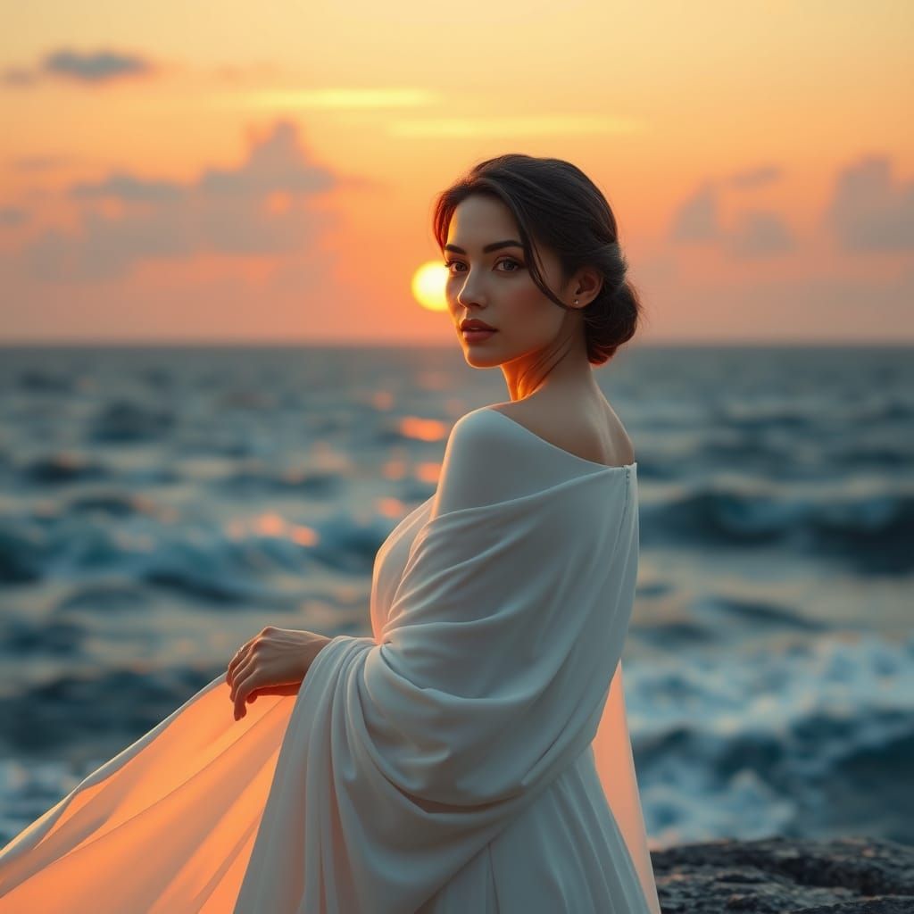 Elegant Brunette Contemplates Sunset on Turbulent Sea