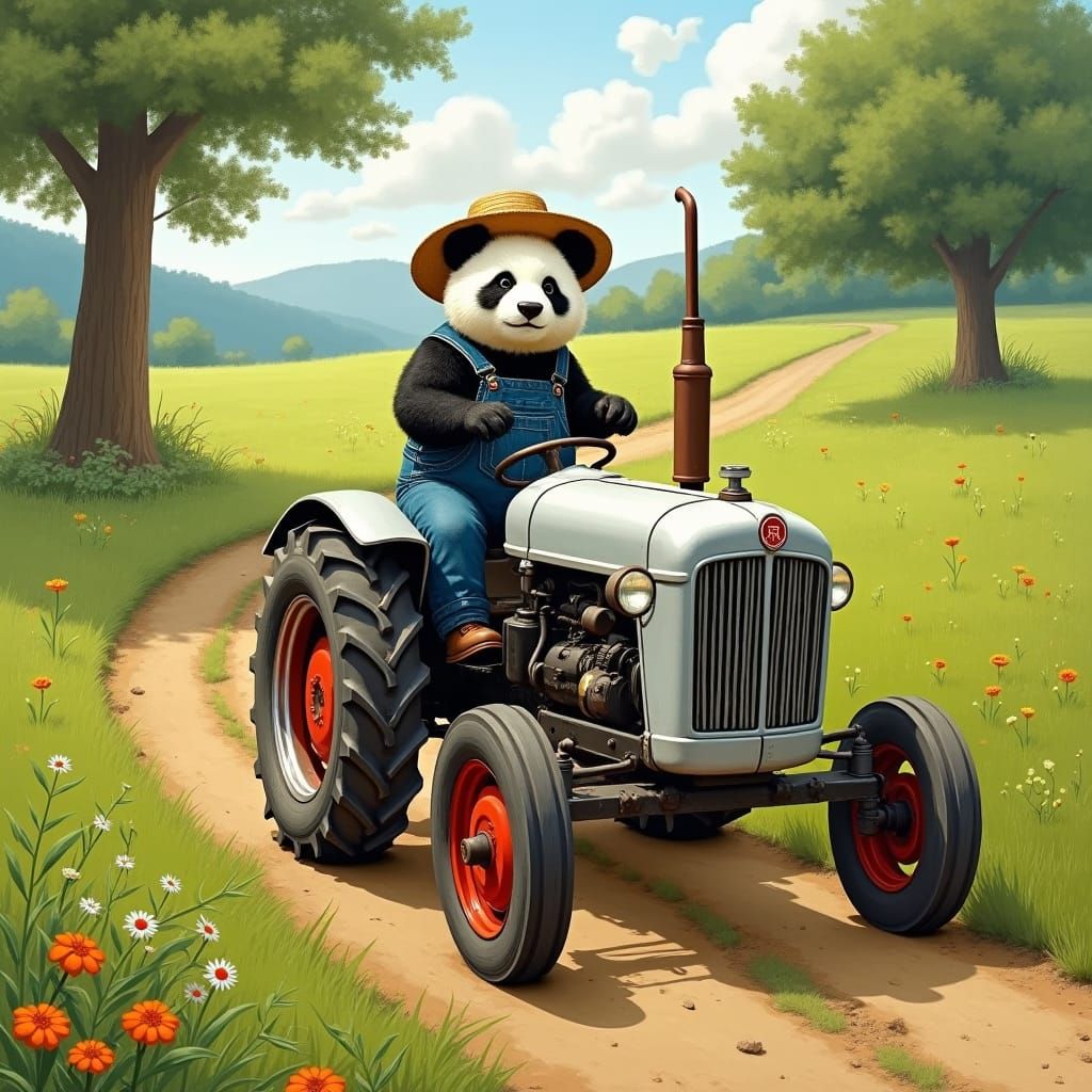 Panda Drives Silver Tractor Through Meadow