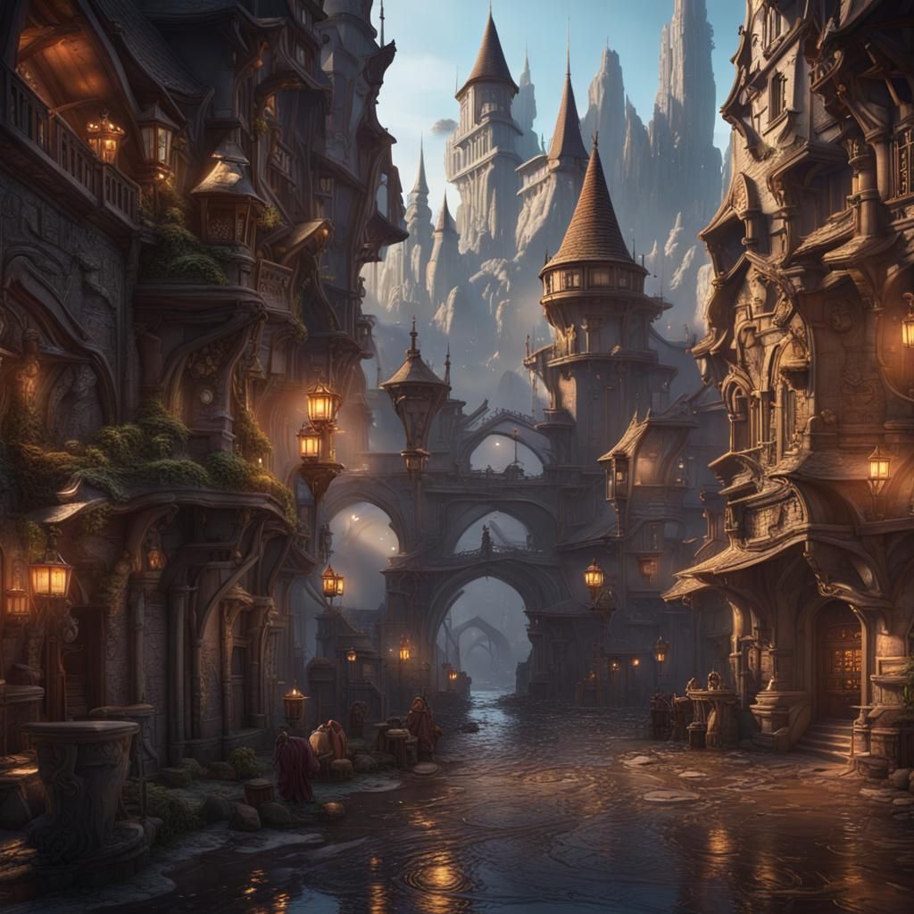 Fantasy City: Early Morning Bustle in Detailed Digital Art