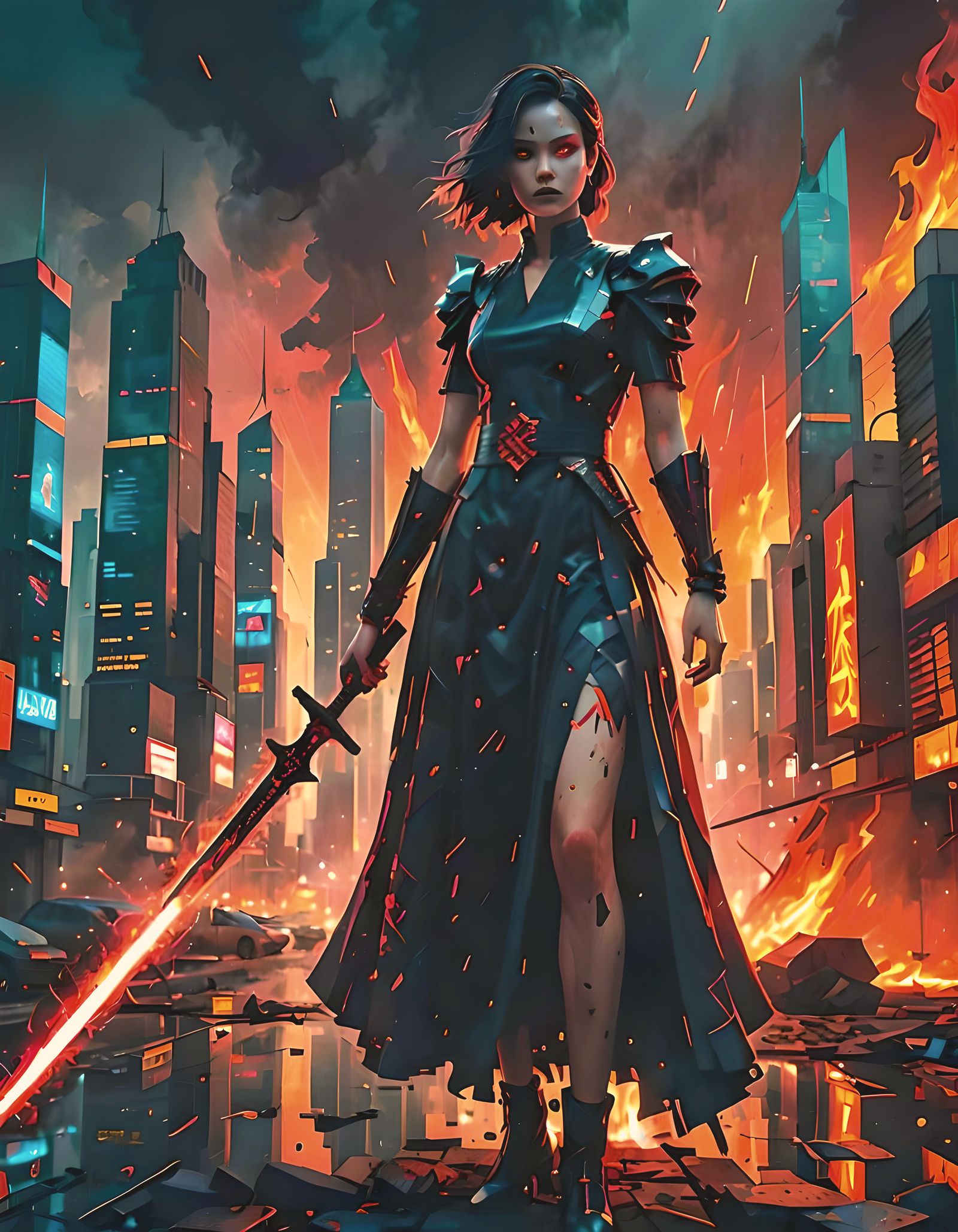 Sinister Woman with Sword in Pixelated Cityscape