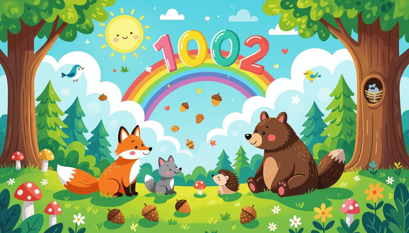 Enchanted Forest Scene with Animals in Gouache Style