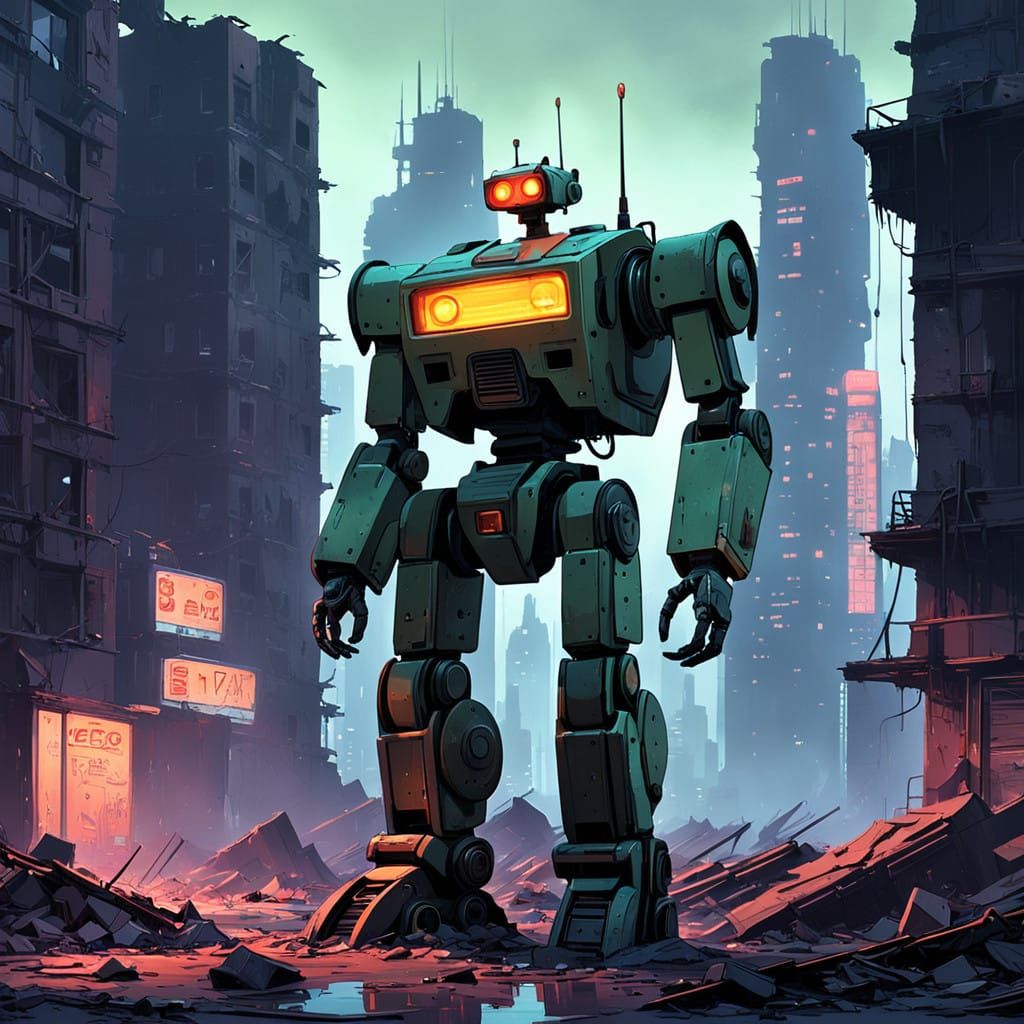 Weathered Robot Amidst Post-Apocalyptic Ruins
