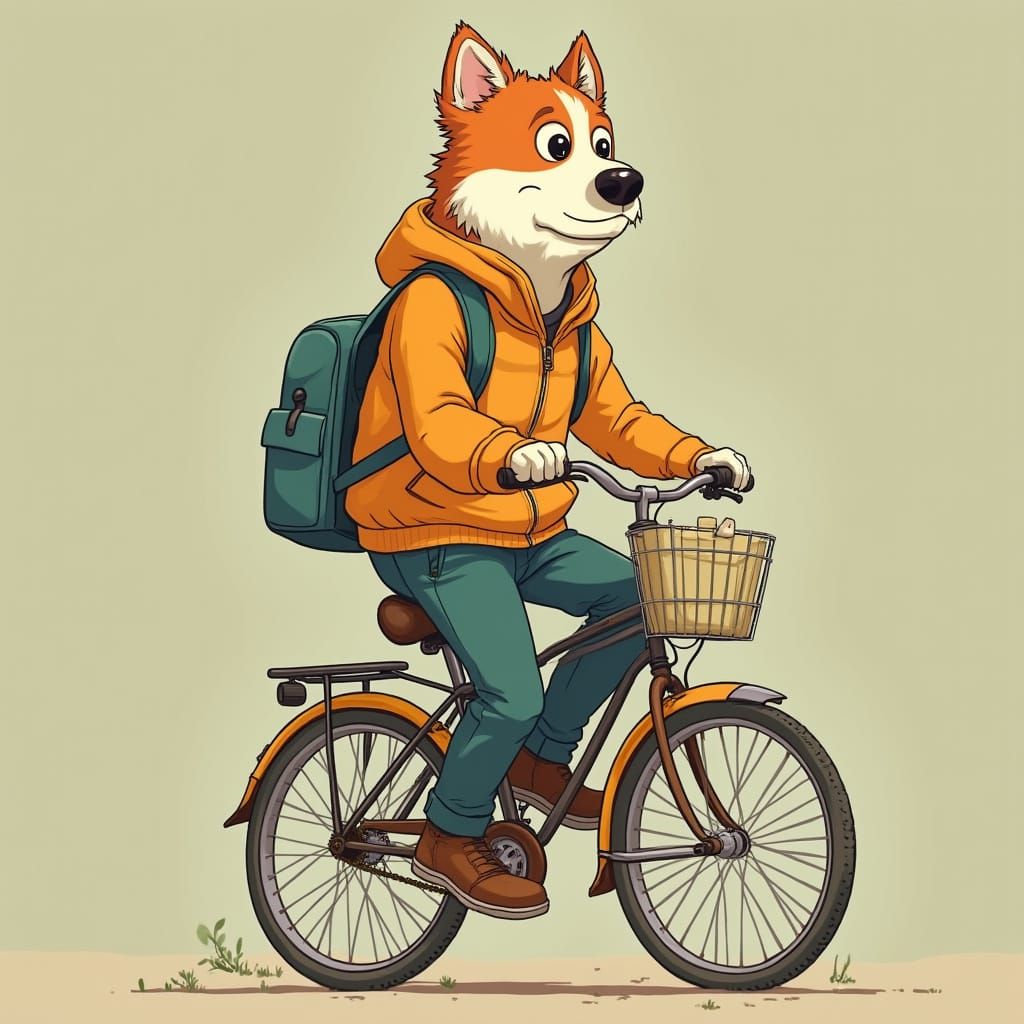 Dog Rides Bicycle in Miyazaki-Inspired Style