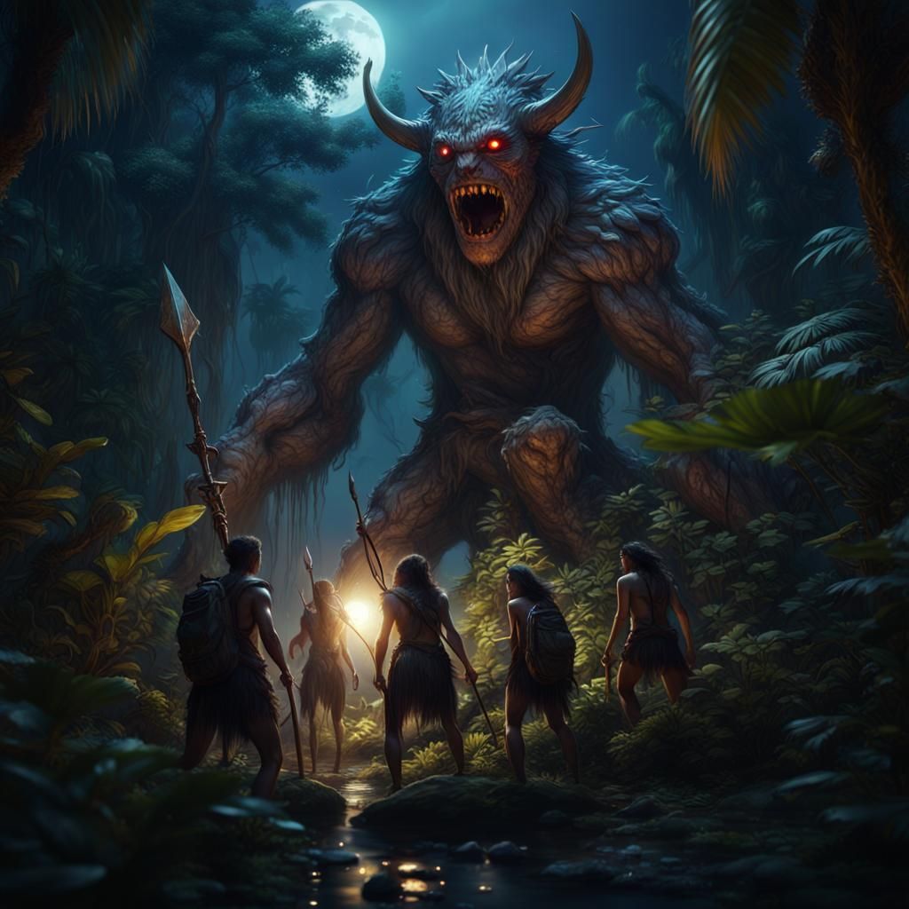 Jungle Tribe Hunt Monster Under Full Moon