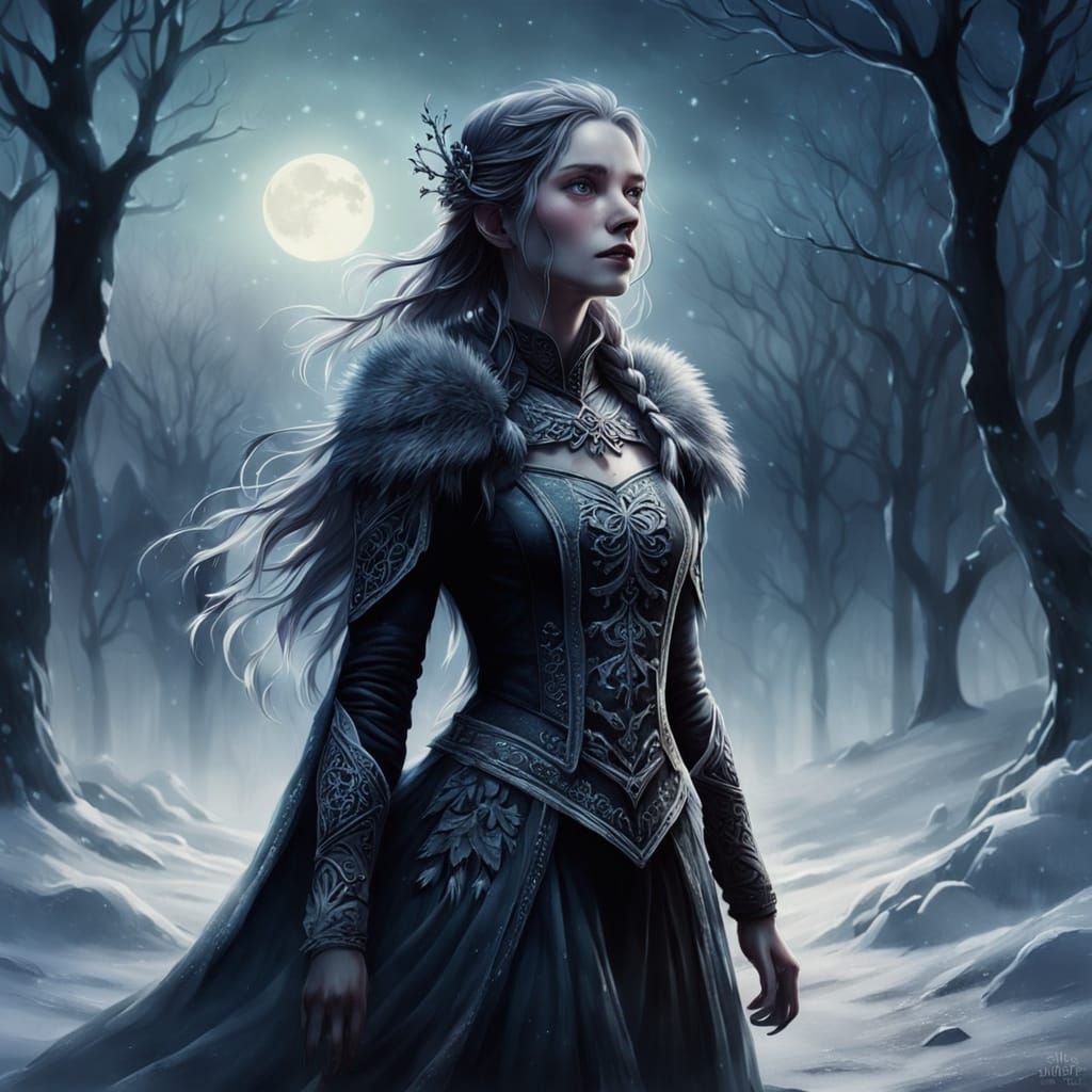 Midnight Maiden in Frosty Dark Fantasy Landscape