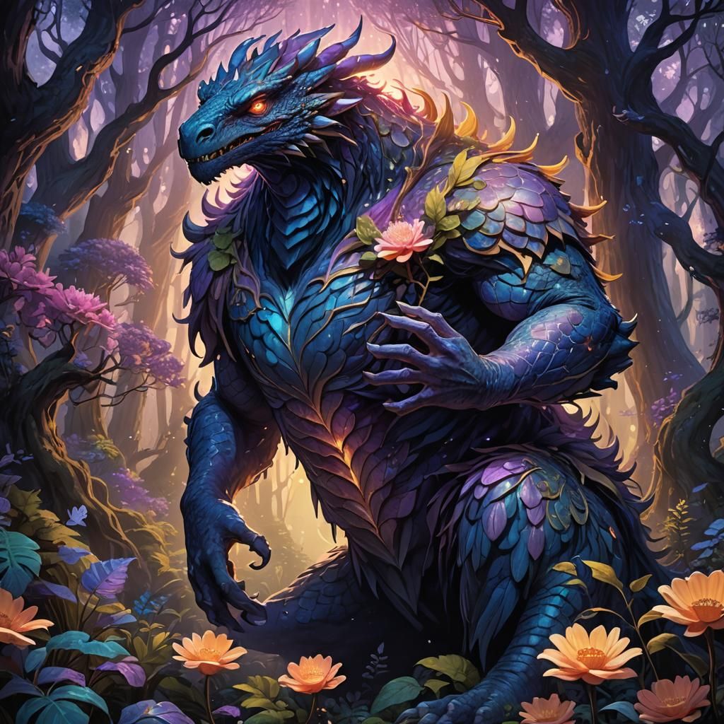 Gentle Monster with Glowing Bloom in Fantasy Forest