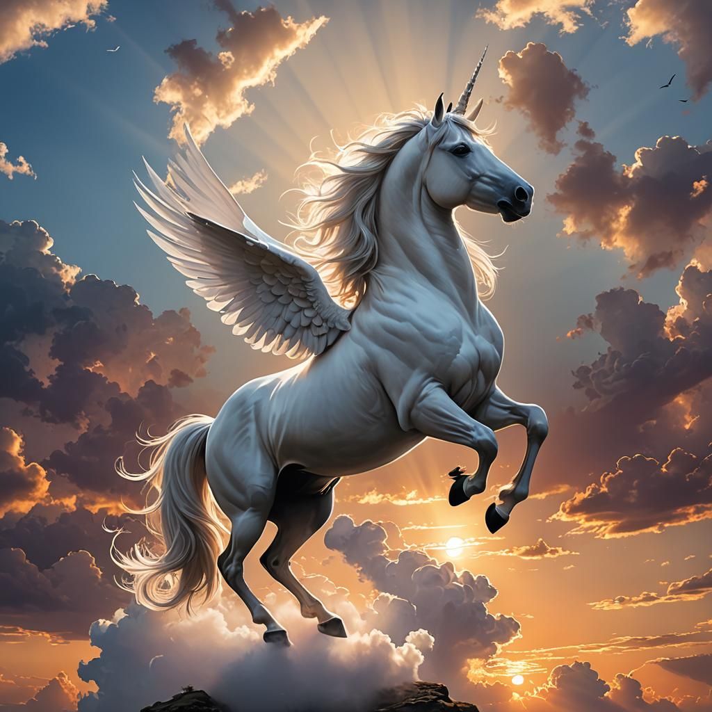 Winged Unicorn Soaring from Celestial Cliff