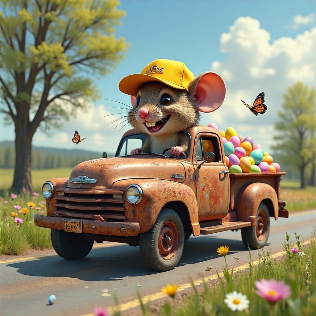 Mouse Delivers Easter Eggs in a Bright Yellow Trucker Hat