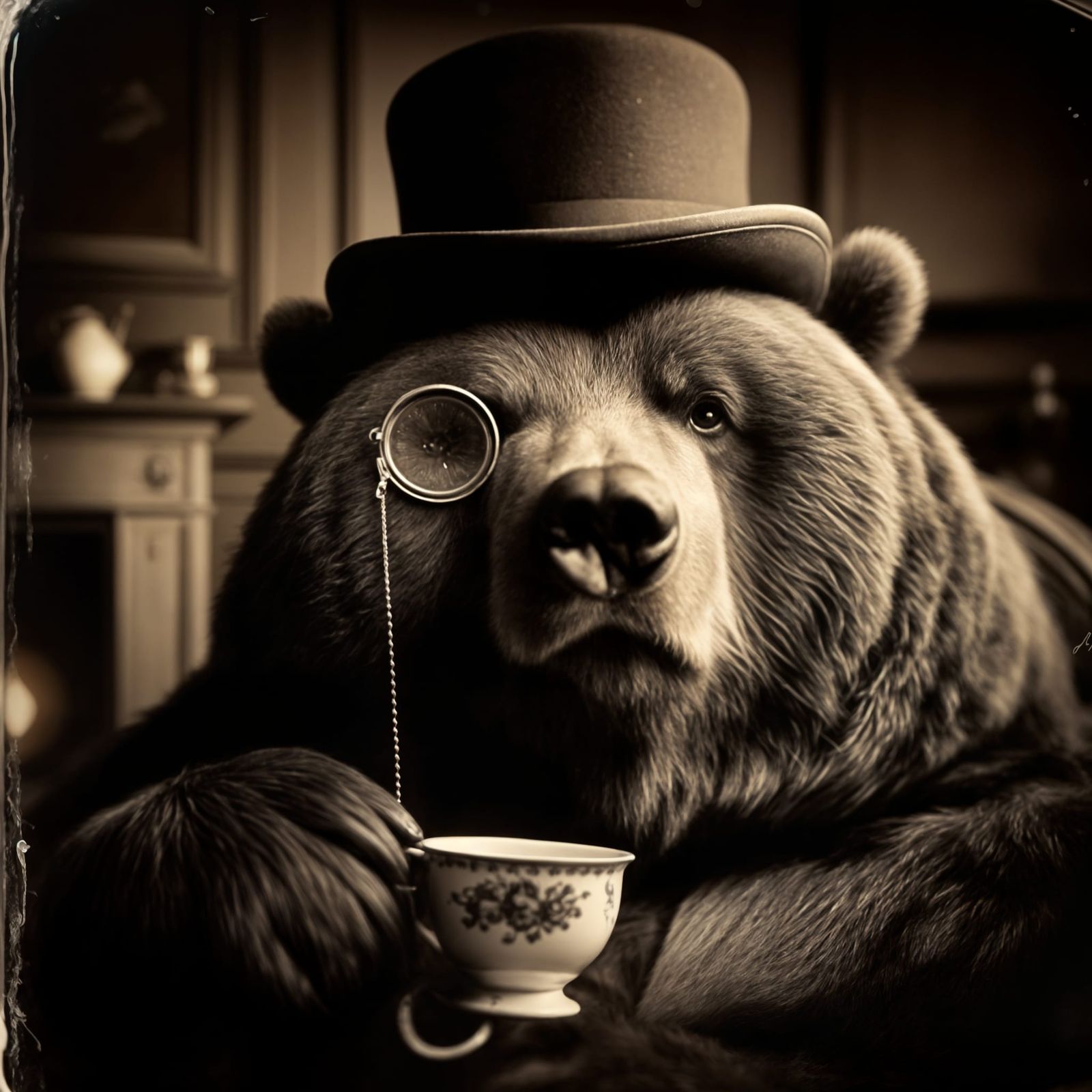 Victorian Bear Sipping Tea: A Tintype Portrait