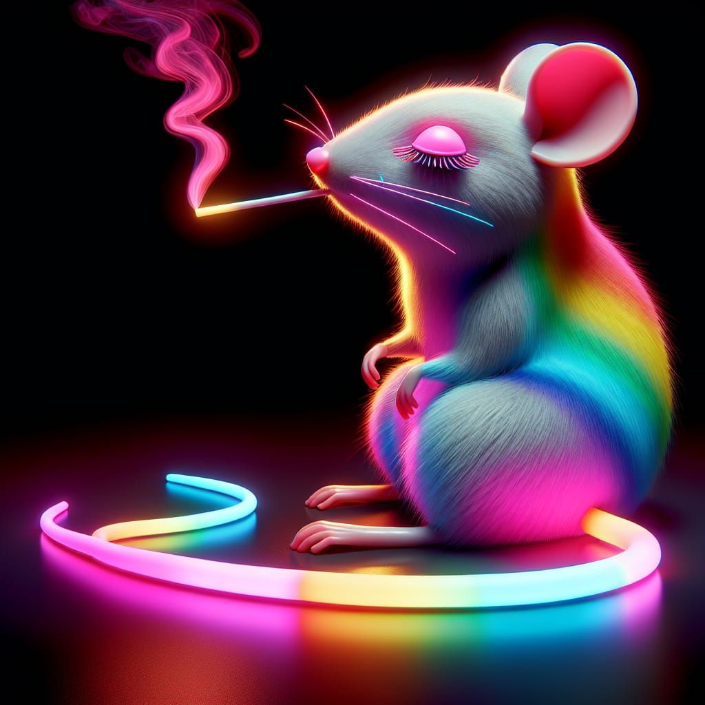 Whimsical Rainbow Rat in Glowing Neon Light Art