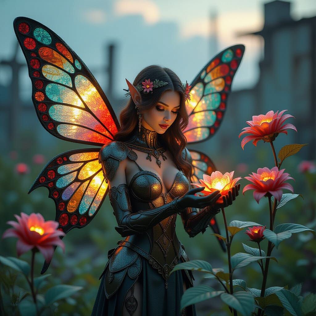 Fairy in Junkyard with Metallic Flowers