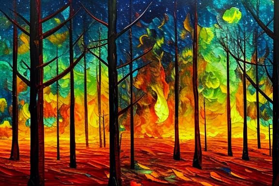 Burning Forest: Expressionist Post-Apocalyptic Landscape
