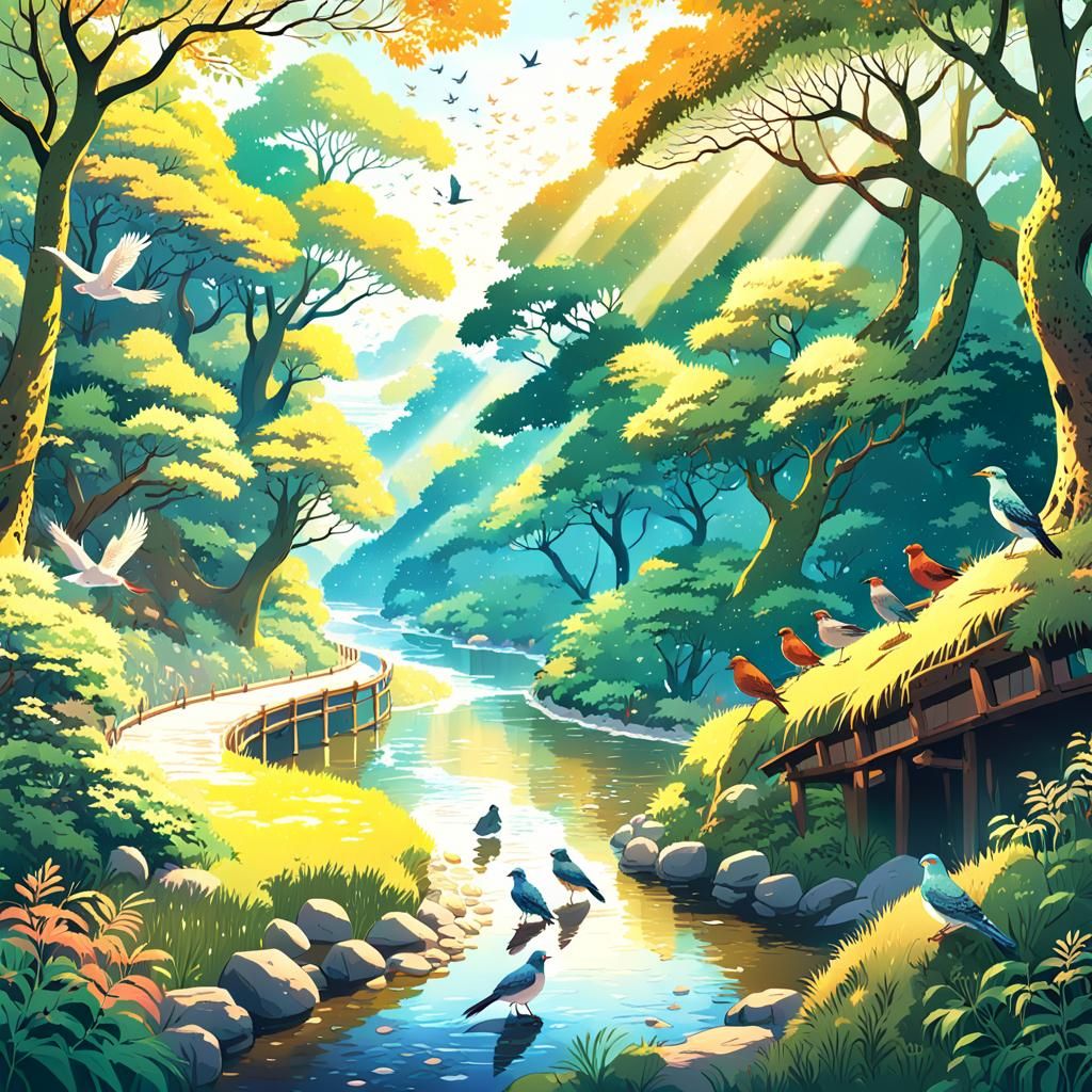 Anime Animals Gather by River in Colorful Forest