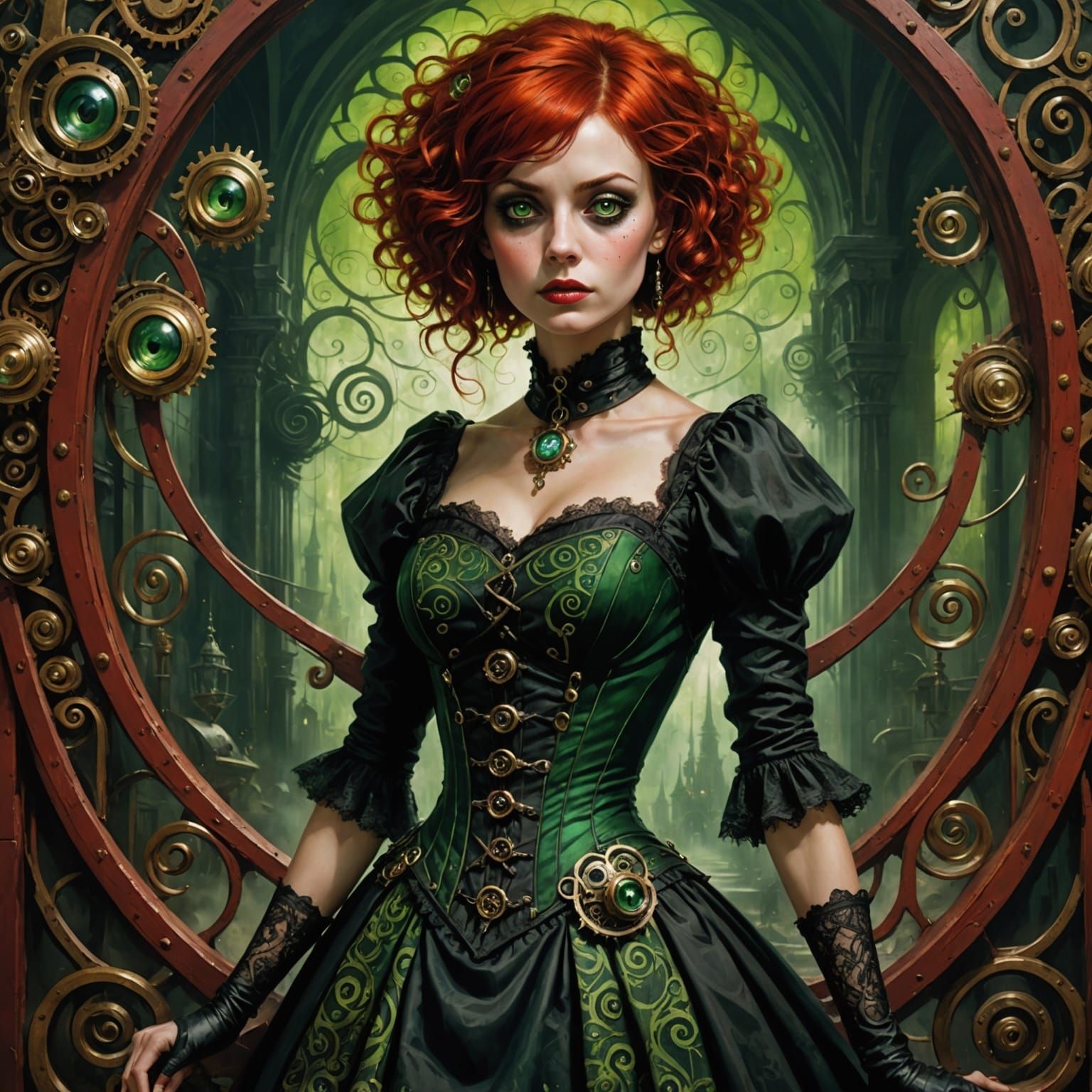 Steampunk Horror Woman in Whimsical Swirls