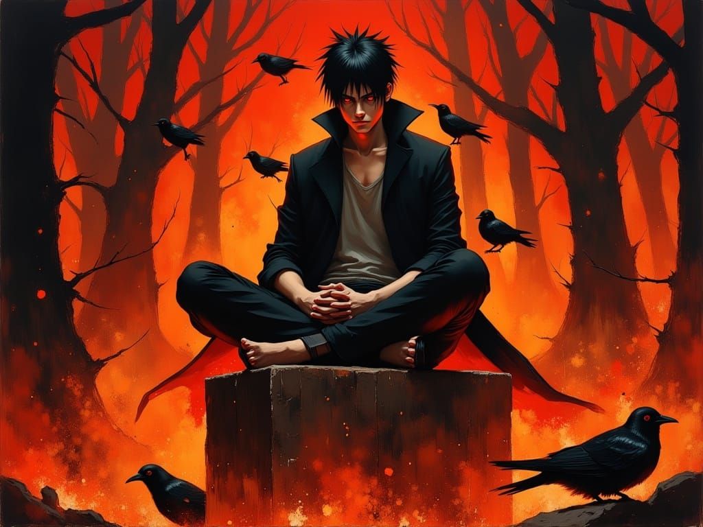 Mystical Itachi Uchiha Surrounded by Crows in a Haunting, Da...