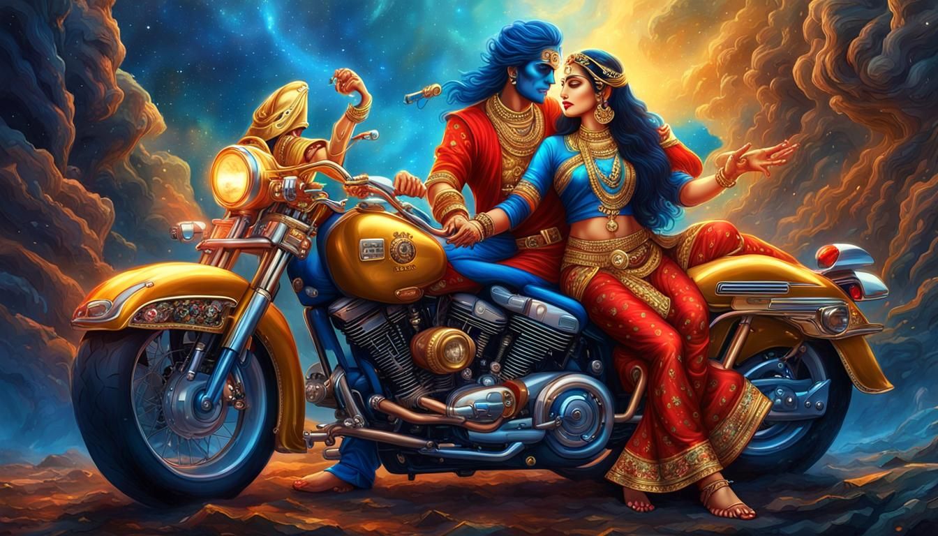 Divine Couple Radha Krishna Ride Psychedelic Motorcycles