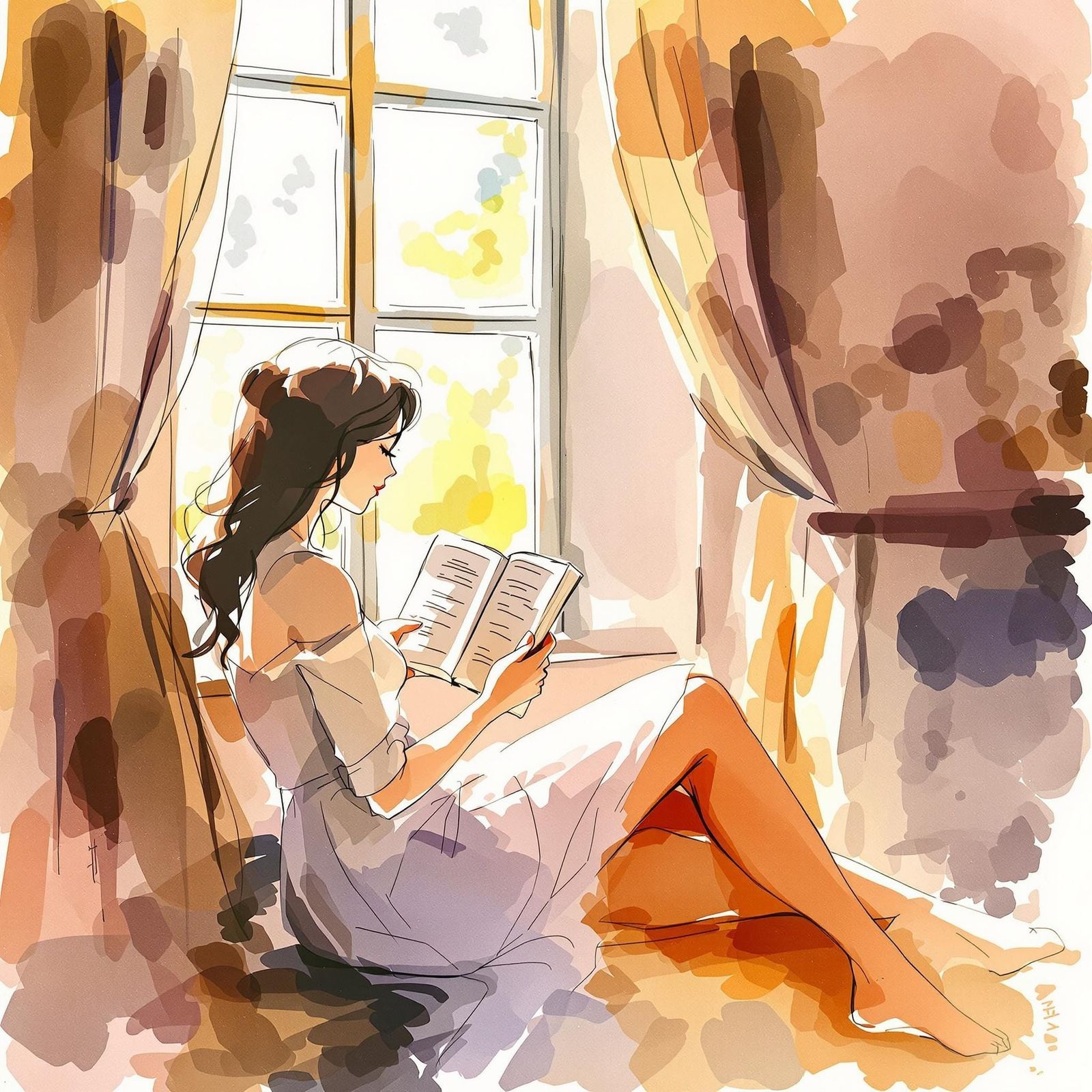 Ethereal Watercolor Study of a Woman Reading in Soft Light