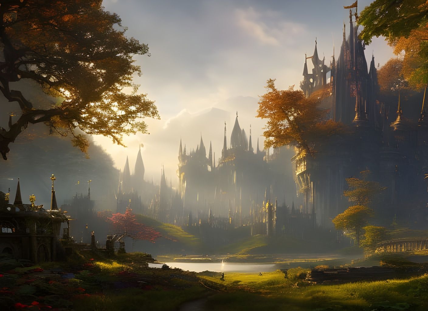 Lothlorien Elf City in Golden Age Illustration Style