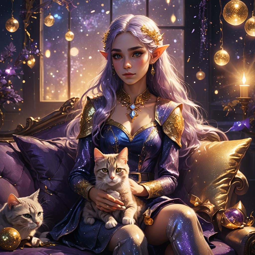 Elf Girl with Cat in Magical Fantasy Setting