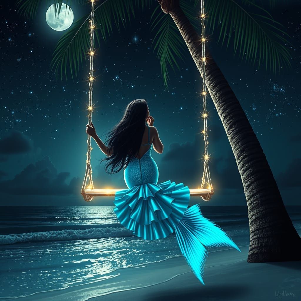 Sultry Afro-Hispanic Mermaid Sways Under Starry Night Sky