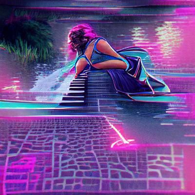 Synthwave Neon Scene: Bridge by Fountain