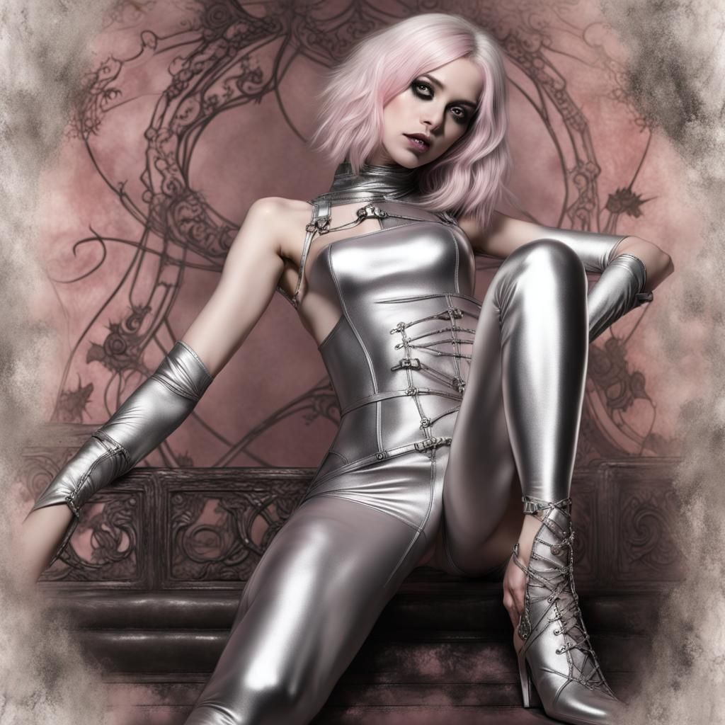 Gothic Kawaii Figure in Silver Leather, Digital Art