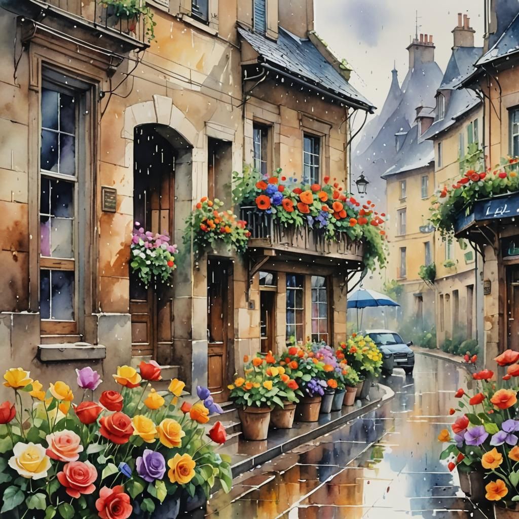 Rainy Springtime Street Scene in Watercolor