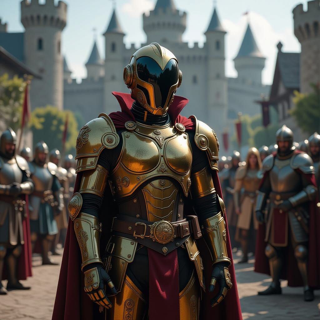 Steampunk Android in Camelot: A Cinematic Film Still