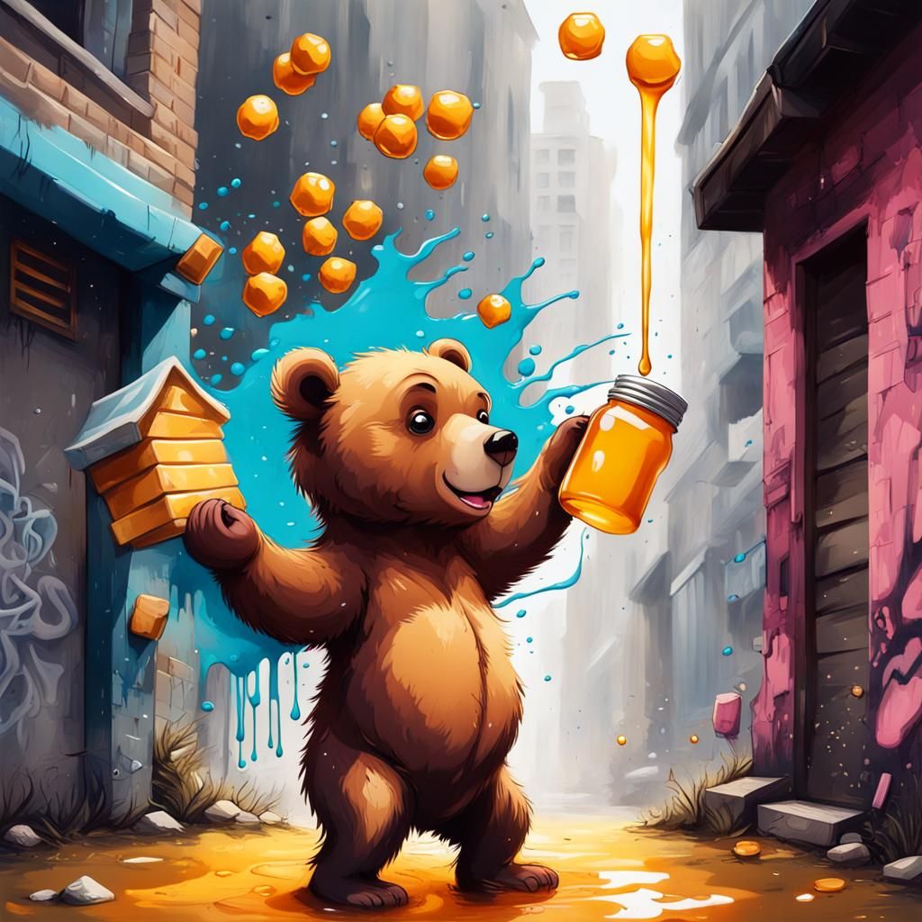 Cute Bear's Honey Quest in Graffiti Art Style