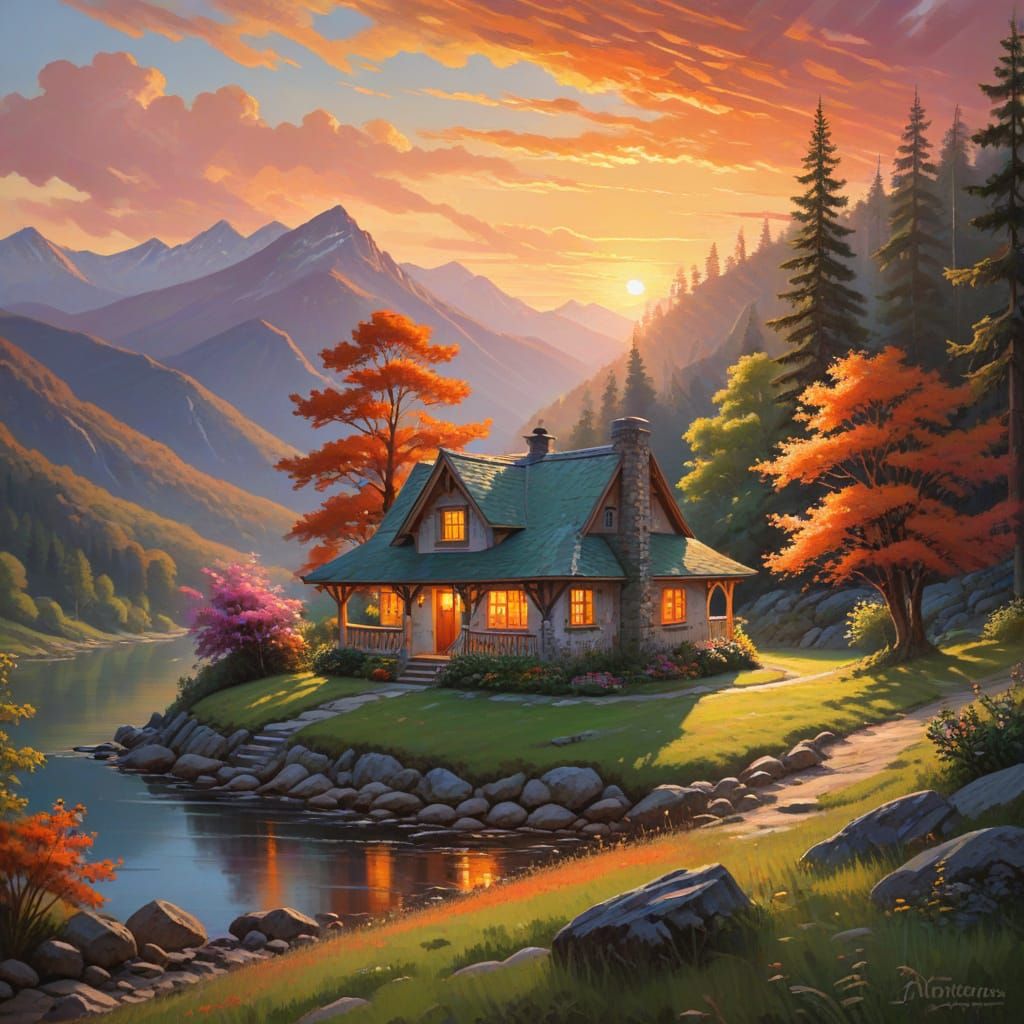 Vibrant Oil Painting of a Mountain Cottage at Sunrise