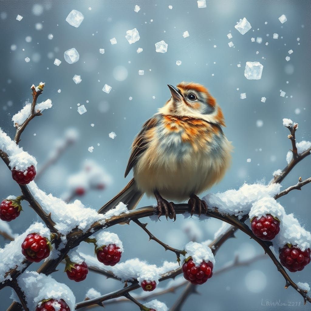 Sparrow in Winter Storm: An Impasto Oil Painting