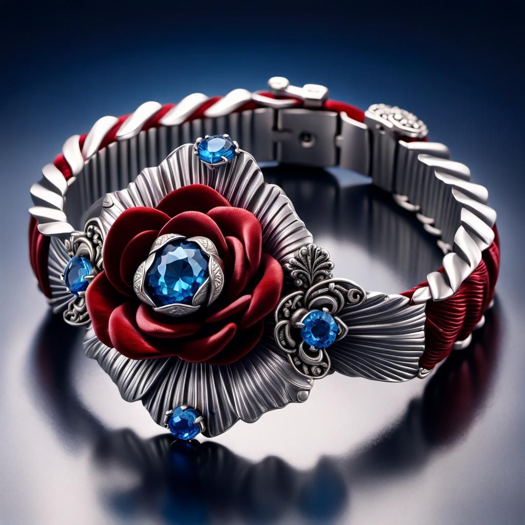 Blue Crystal Rose Bracelet in Art Deco Style