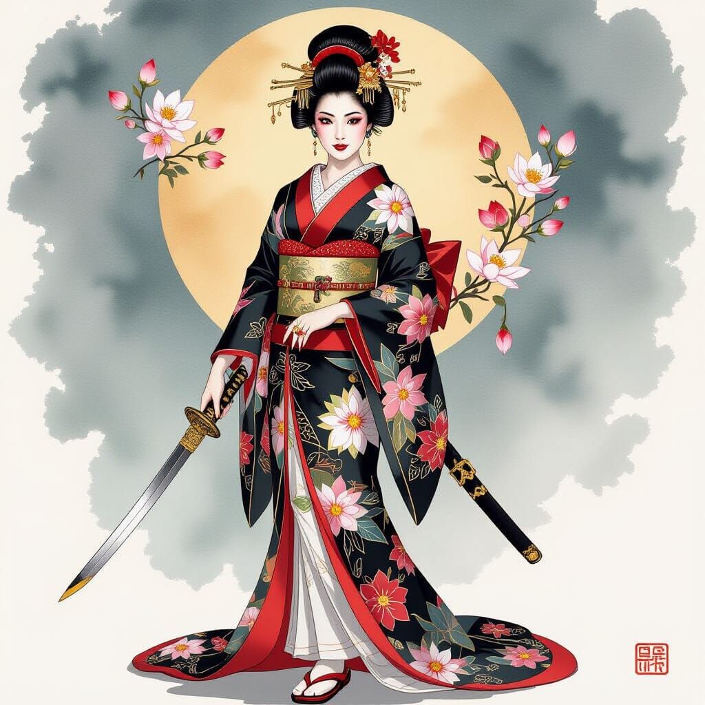 Woman in Kimono with Cherry Blossoms, Watercolor Style