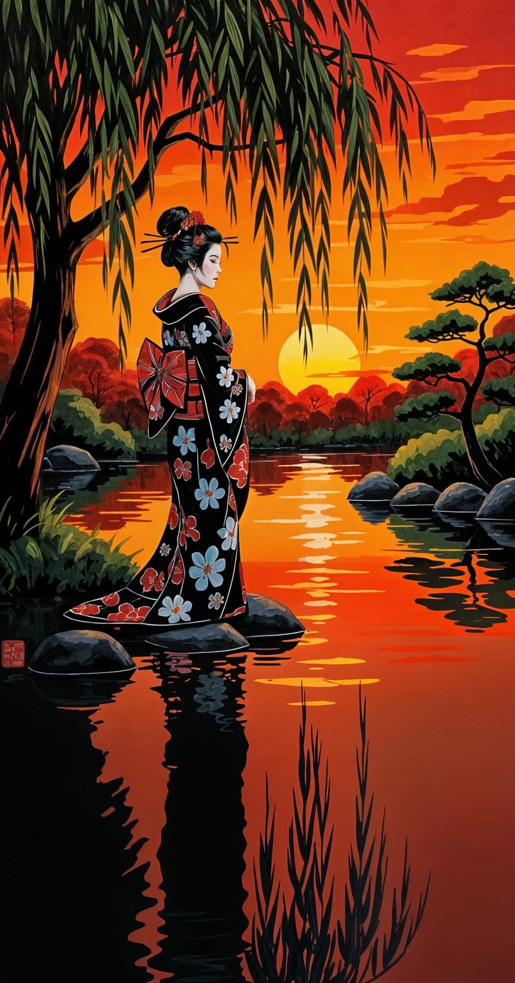Geisha Under Willow at Sunset, Textured Brushstrokes