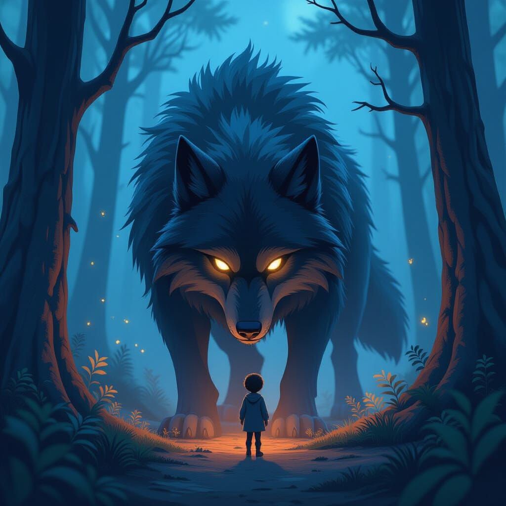Shadow Wolf Protecting Lost Child in Dark Forest