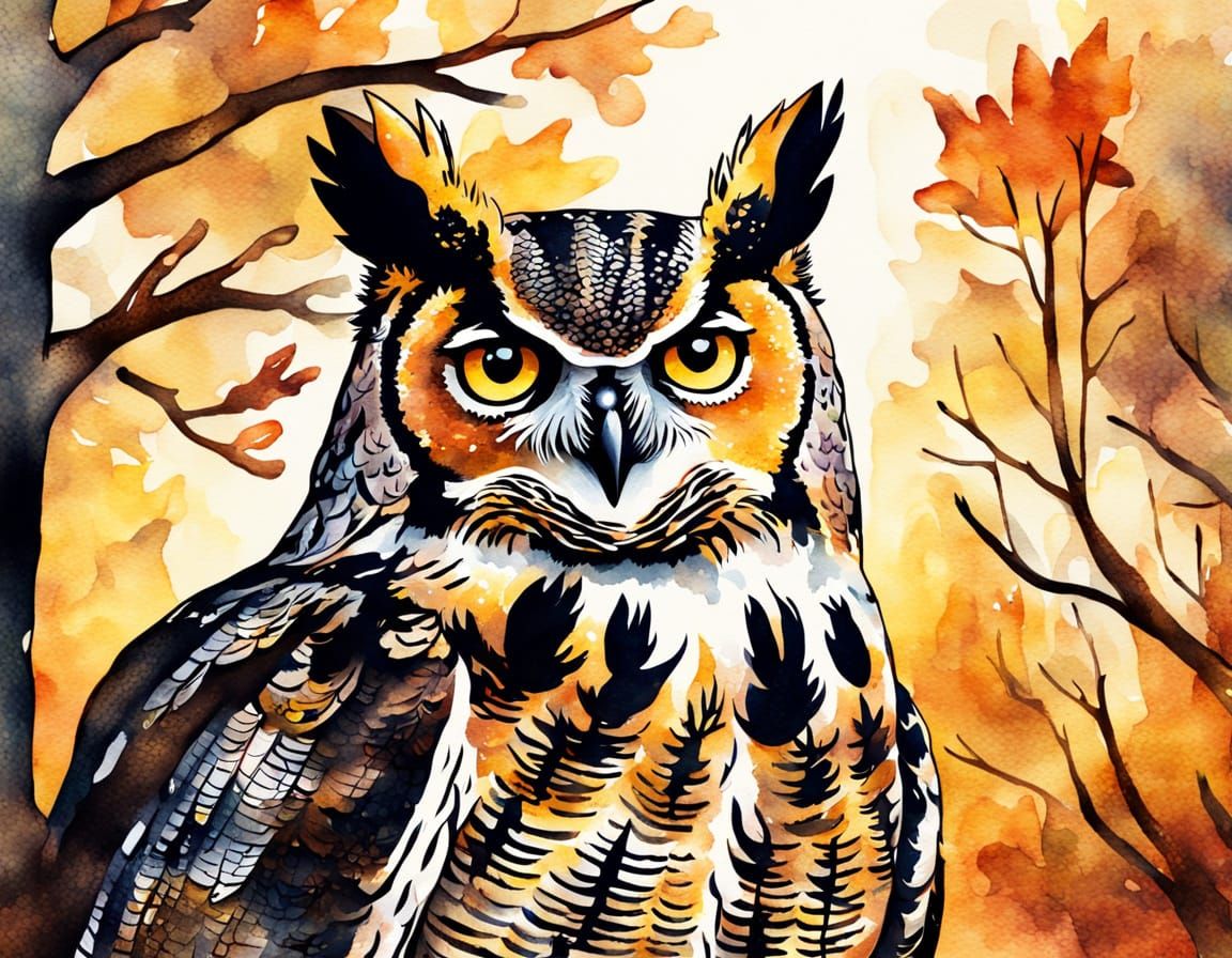 Great Horned Owl in Deciduous Forest: Watercolor Art